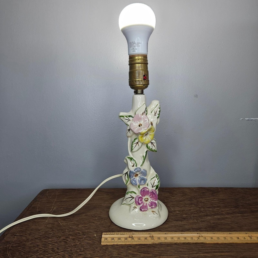 Vintage Ceramic Floral Table Lamp Hand Painted Gold Gilt Ivory Colorful 11 inch